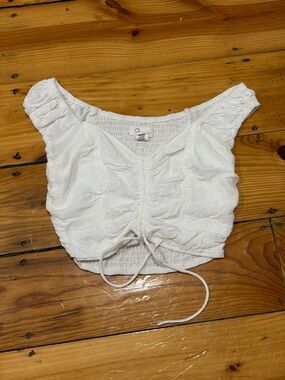 Japna White Ruched Drawstring Crop Top with Puff Sleeves